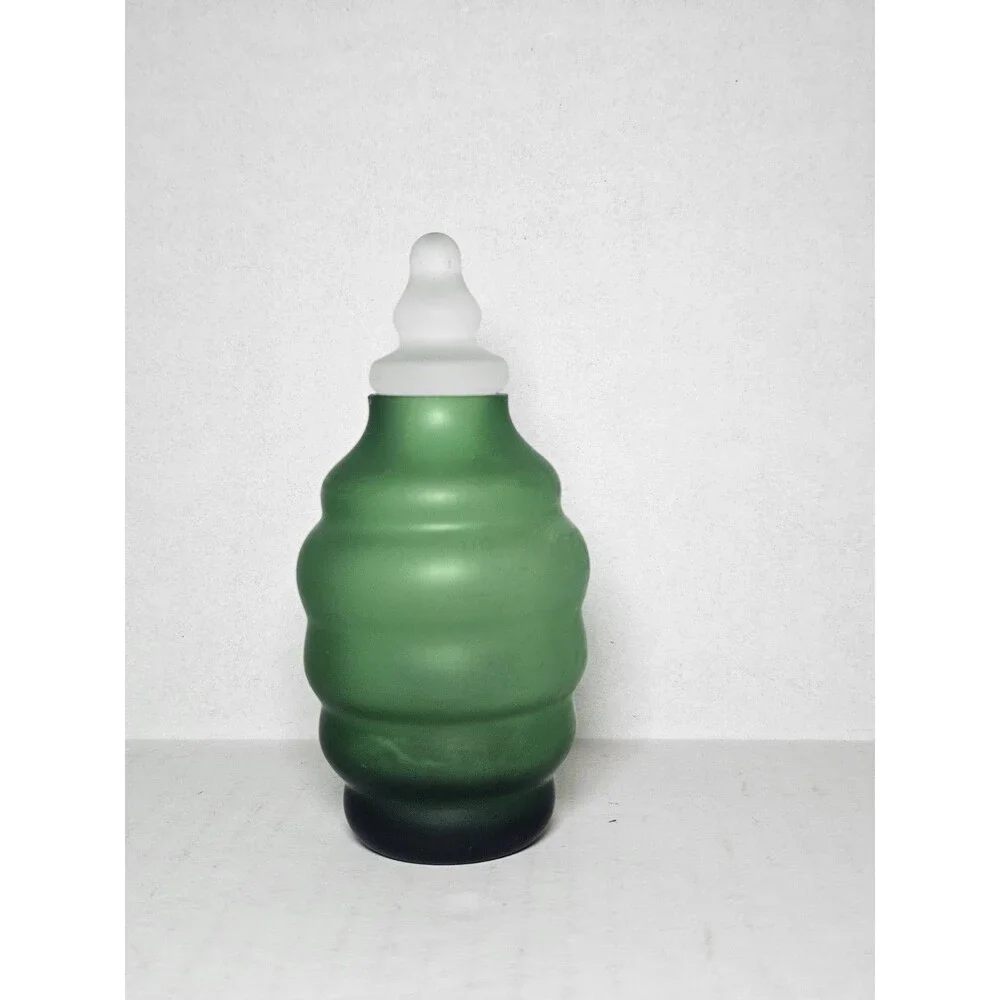 Set Of 2 Green Glass Apothecary Jars Ribbed Frosted